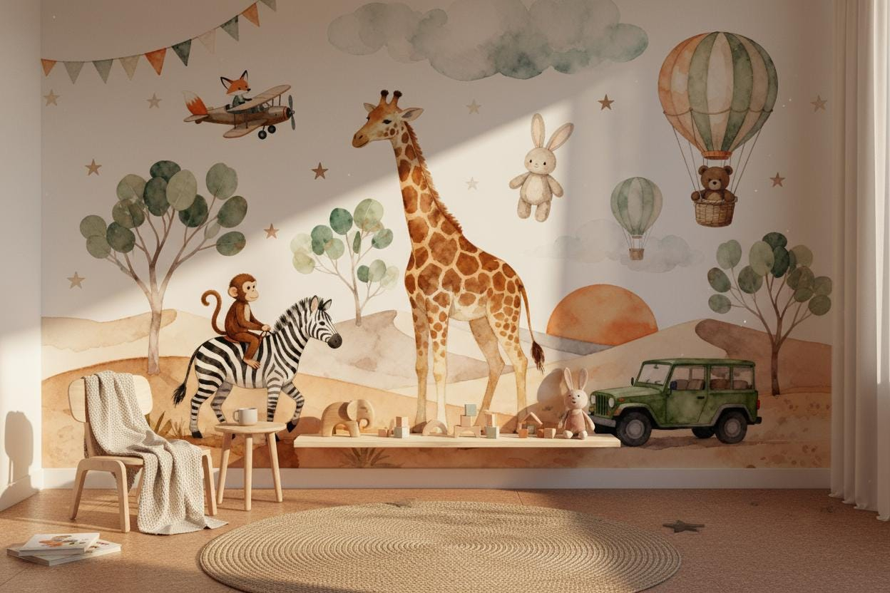 Baby Nursery Peel And Stick Wallpaper - ورق جدران كرتوني بتصميم حيوانات للأطفال،