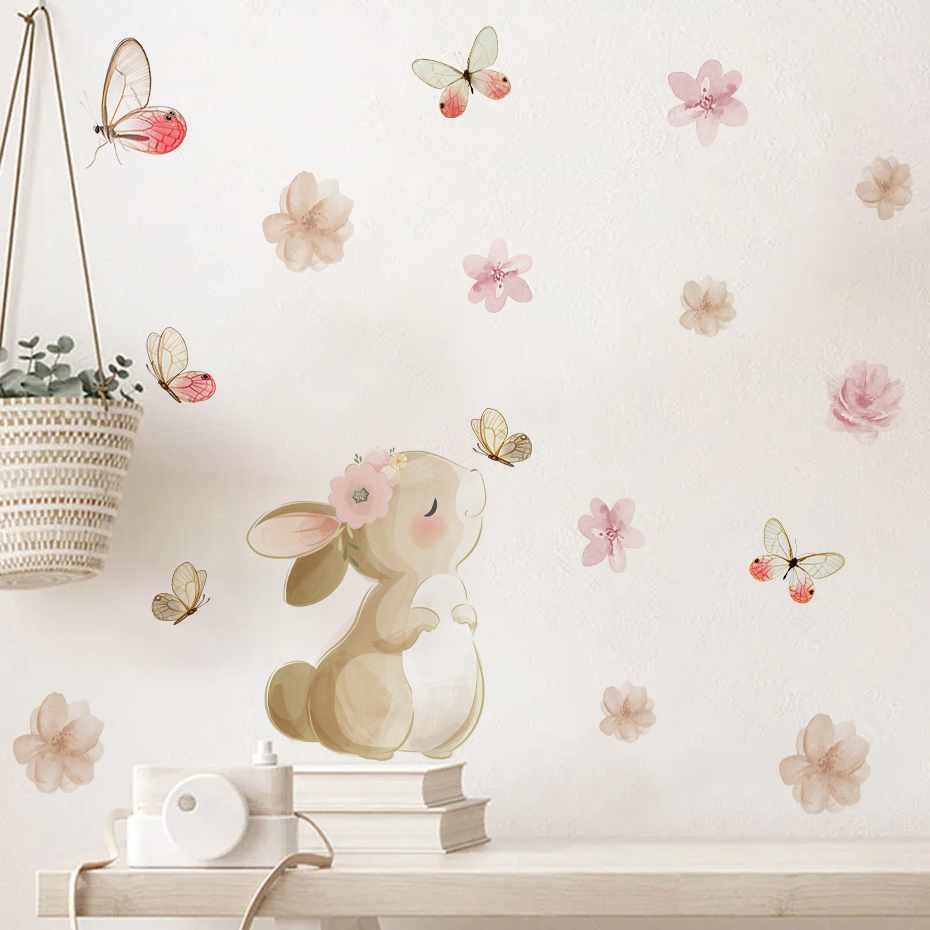 Baby Nursery Decor Girl - الكرتون الأرنب الزهور فراشة الجدار ملصق
