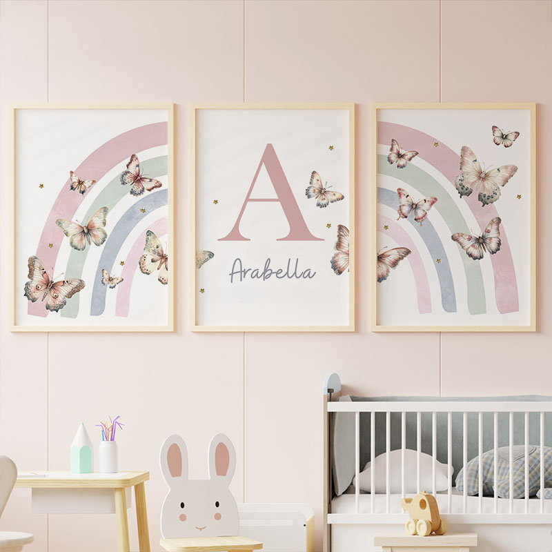 Baby Nursery Decor Girl - الوردي قوس قزح فراشة مخصص اسم