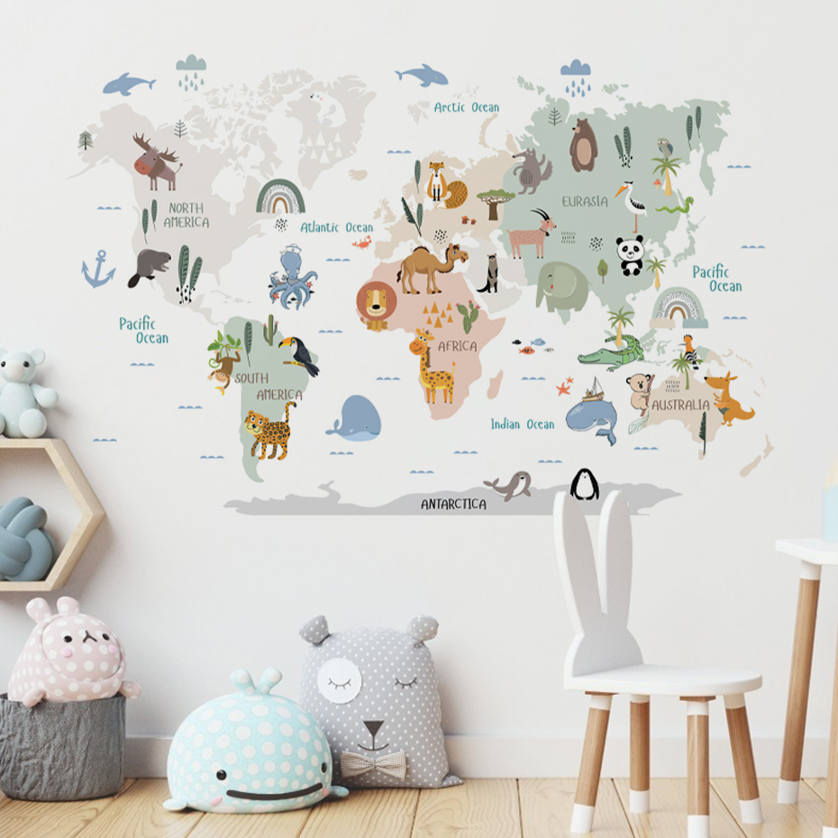 Baby Nursery Decor Girl - الألوان المائية الكرتون خريطة العالم ملصقات